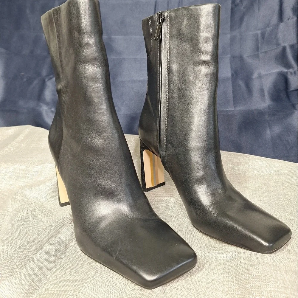 Sam Edelman 7 M Anika Black Leather High Heeled Ankle Boots Logo & Croc Emboss